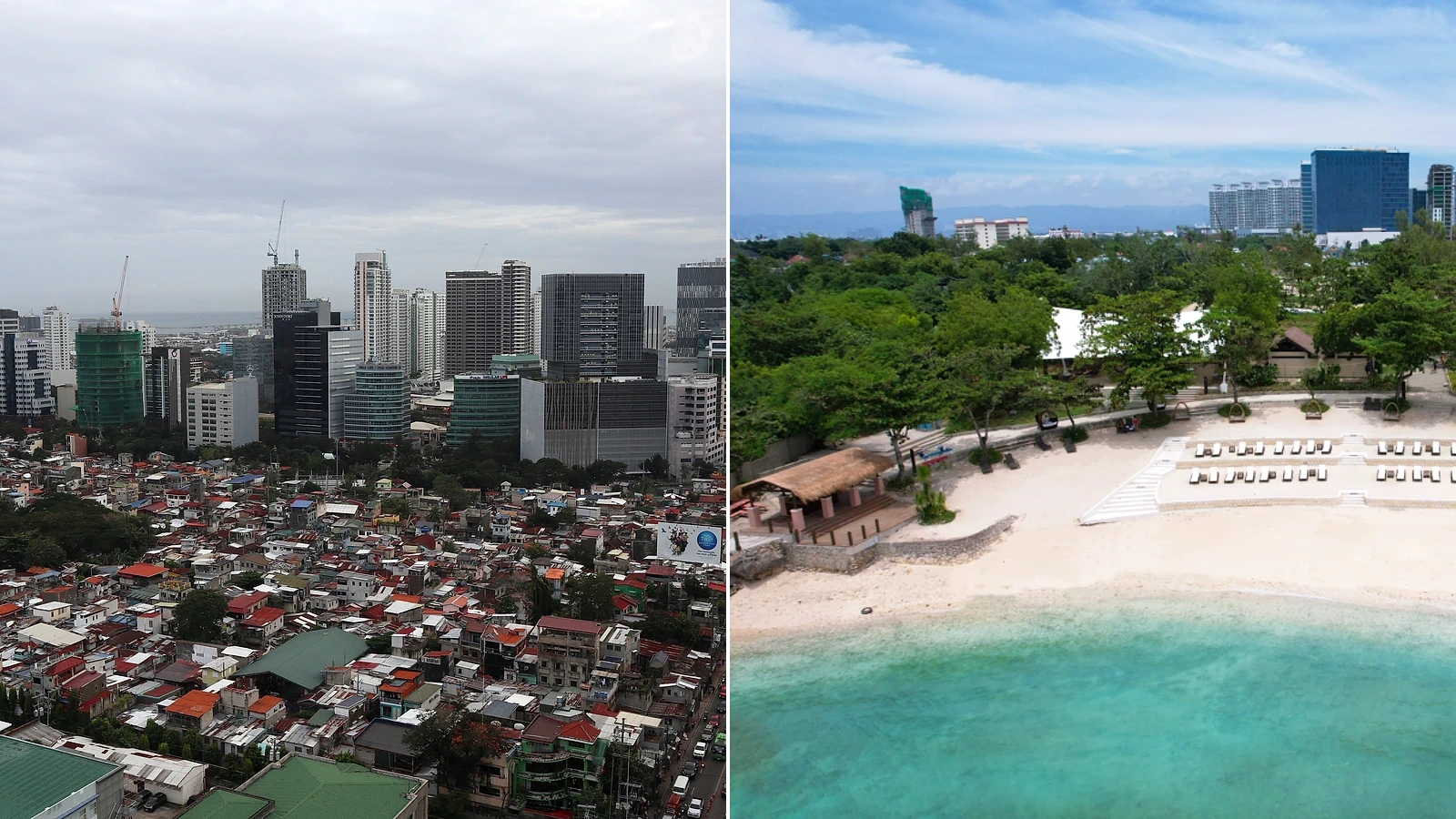 Cebu Business Parkの街並みとマクタン島のビーチの比較