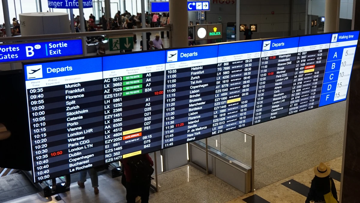 空港の出発案内板に並ぶ便名と時刻