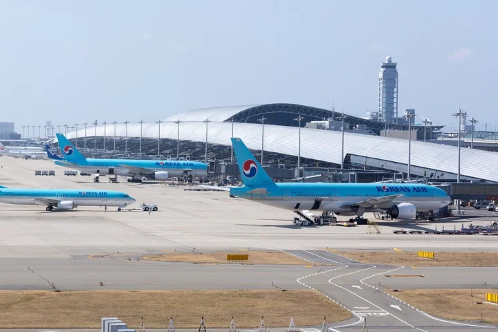 関西国際空港のターミナルと駐機する航空機