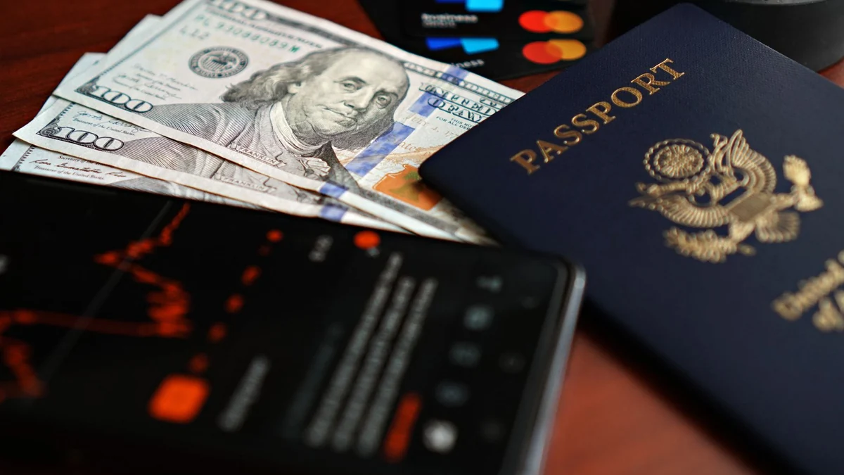 米国の旅券と米ドル紙幣、カード(一般写真)