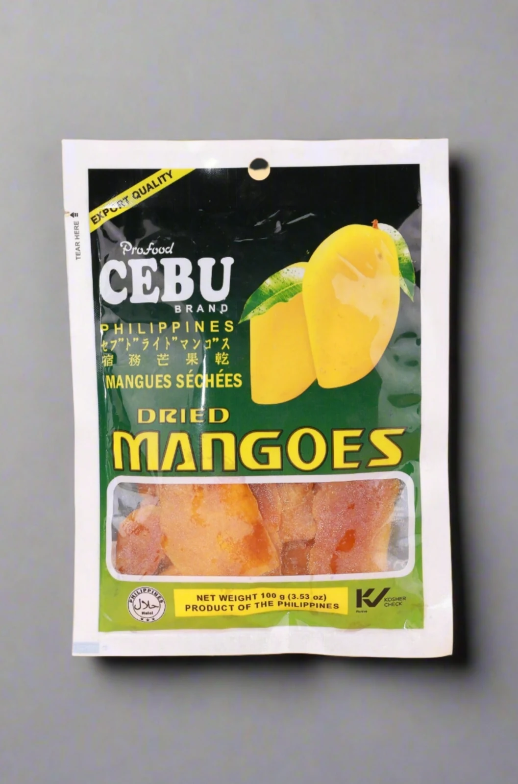 Cebu Brand芒果干商品示例；不同品牌应分别比较成分、重量与包装