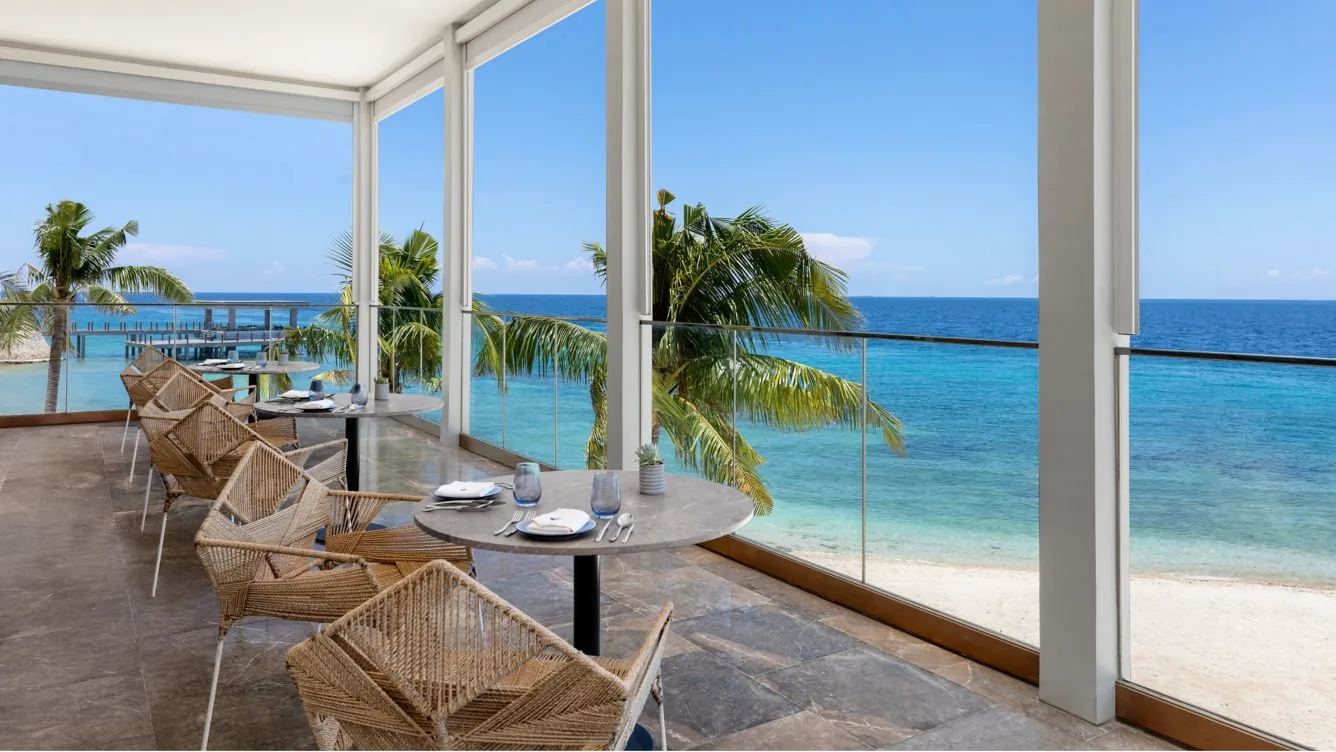 Sheraton Cebu Mactan Resort的DIP海景用餐区域,供了解餐厅的临海环境