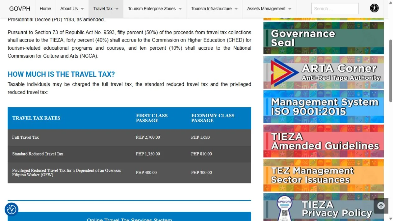 TIEZA公布的Travel Tax金额分类，经济舱全额为₱1,620