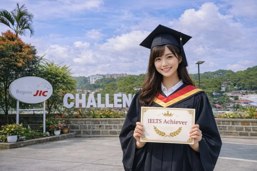 IELTS成绩达标学生穿毕业服展示成绩奖励牌
