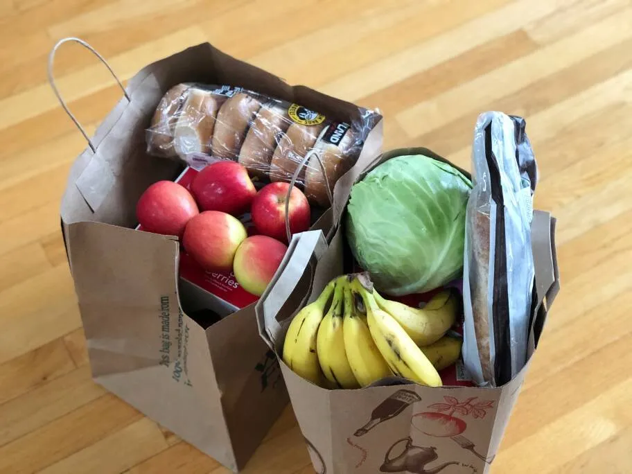 買い物袋に入った野菜と果物